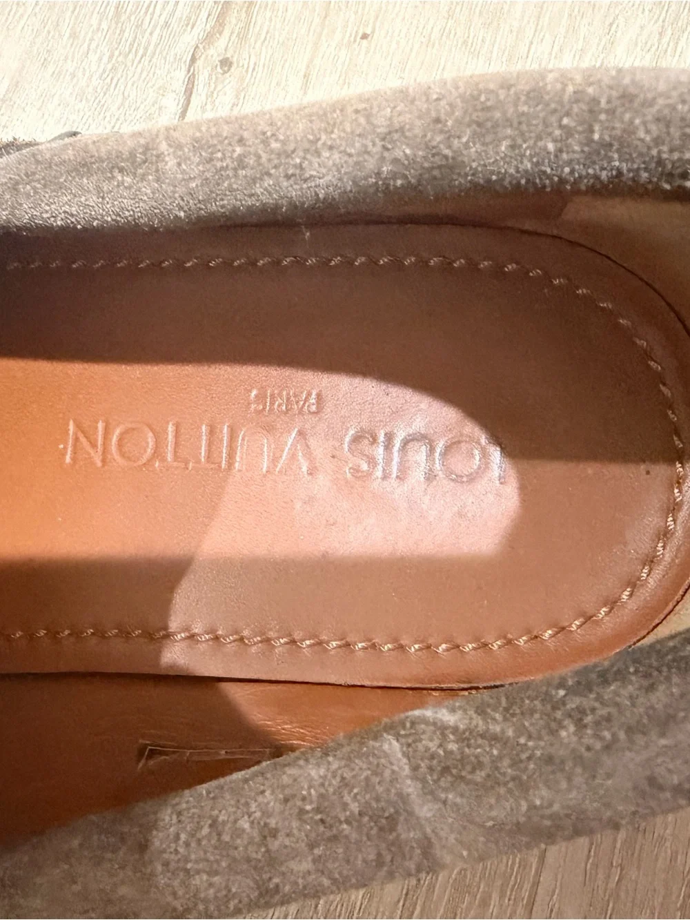 Louis Vuitton Men’s Suede Boat Shoes in Taupe with Red Soles